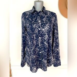 J Crew Cotton Button Up Collared Shirt Navy Blue And White Sz M